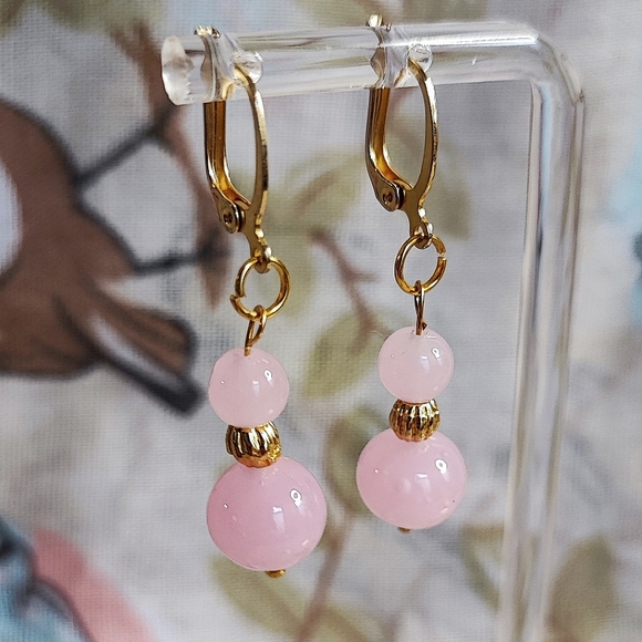 Rose Quartz Dual Round Gold Tone Pink Stone Pierced Earrings Feminine Delicate - Picture 5 of 8